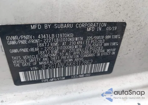 2019 Subaru Crosstrek 2.0I Limited from USA, damaged, VIN JF2GTANC6K8312862